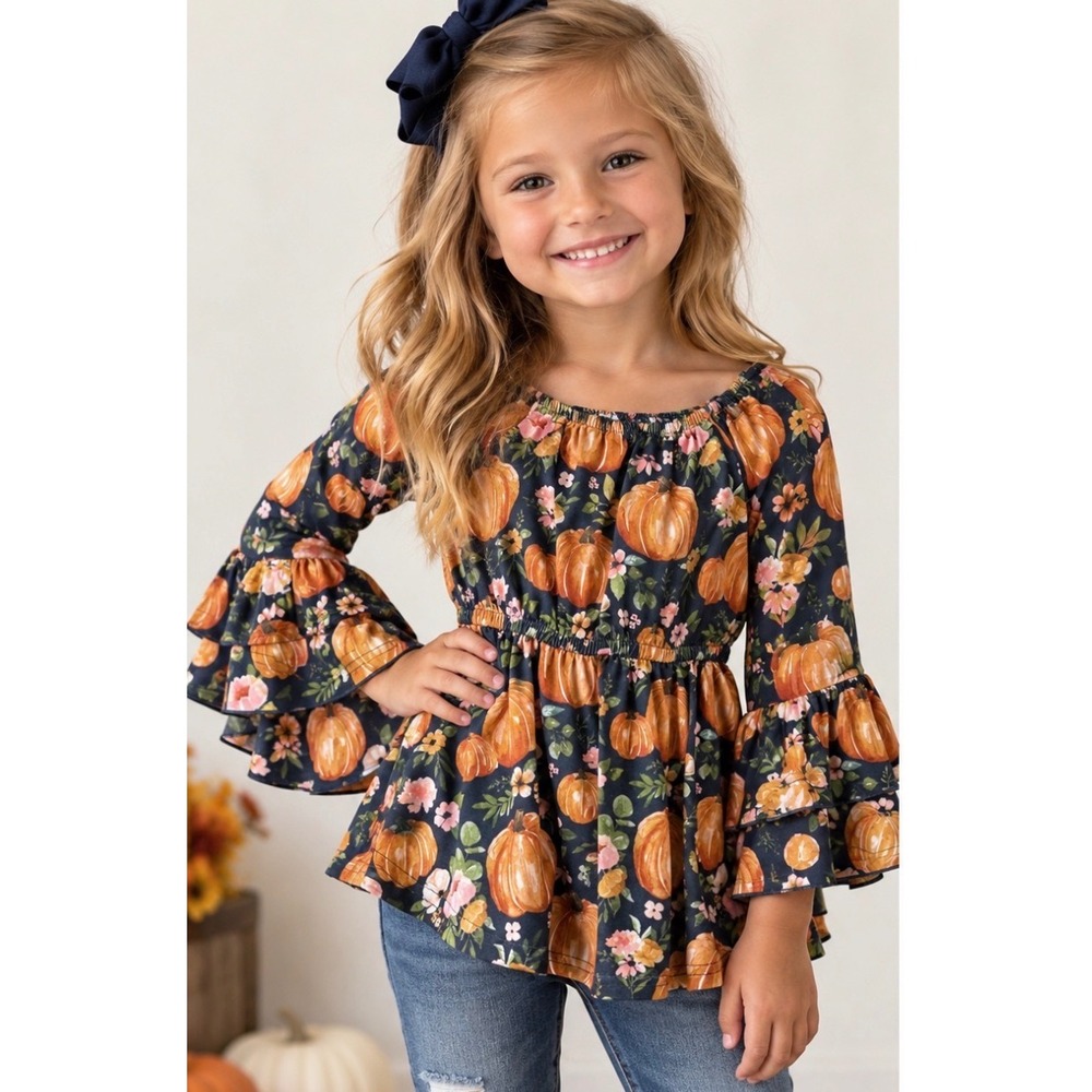 Girls Pumpkin Floral Bell Sleeve Peplum Top Navy Orange Fall Size L Fits 5/6